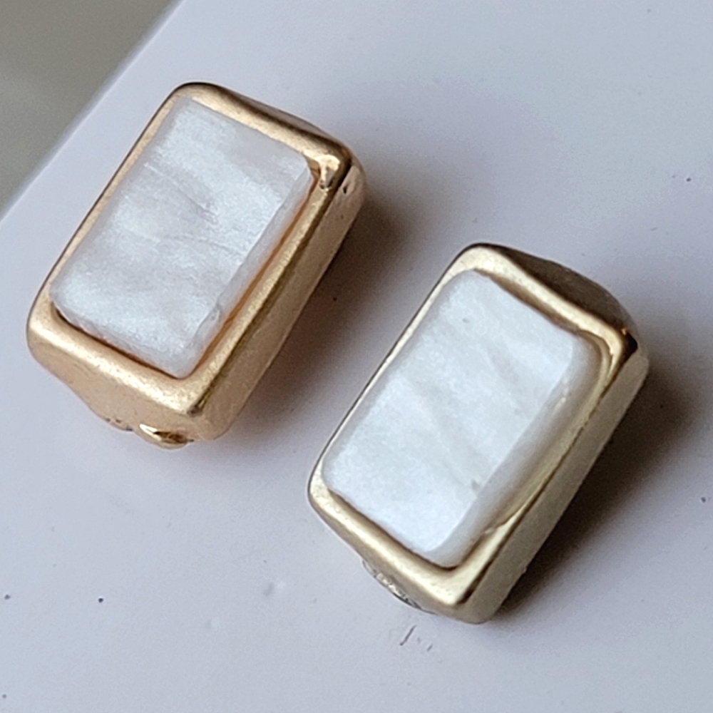 Pearlescent Gold Faux Mother of Pearl Rectangular Stud Earrings